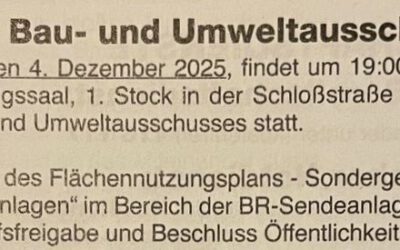 Bauausschusssitzung am 4.12.25 um 19.00 Uhr im Kutscherbau.